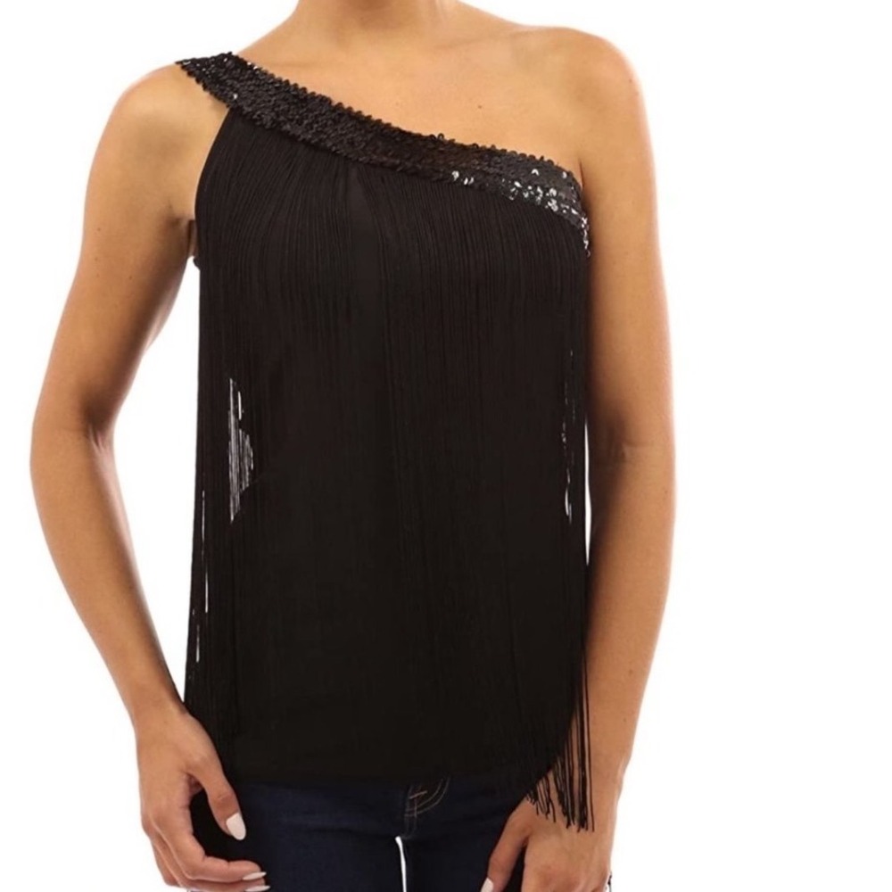 PattyBoutik Black One Shoulder Sequin Fringe Top Women's Size‎ Large